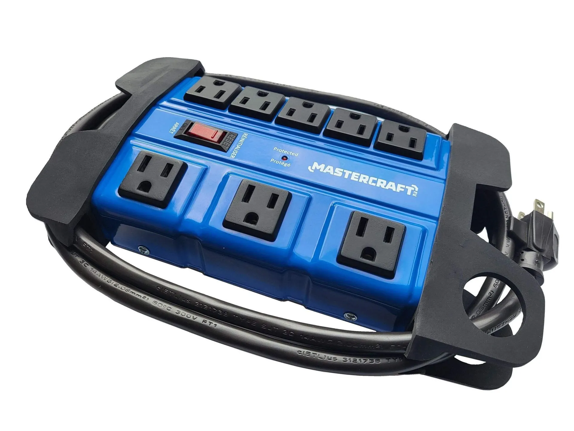 Barre d'alimentation en métal à 8 prises et 3 prises espacées avec aimants et protection contre les surtensions Mastercraft, cordon de 6 pi, 1080 joules, bleu