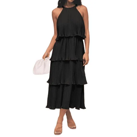 YOGAFOX Women's Summer Sleeveless Halter Ruffle Tiered Chiffon Flowy Swing Midi Dress Black M