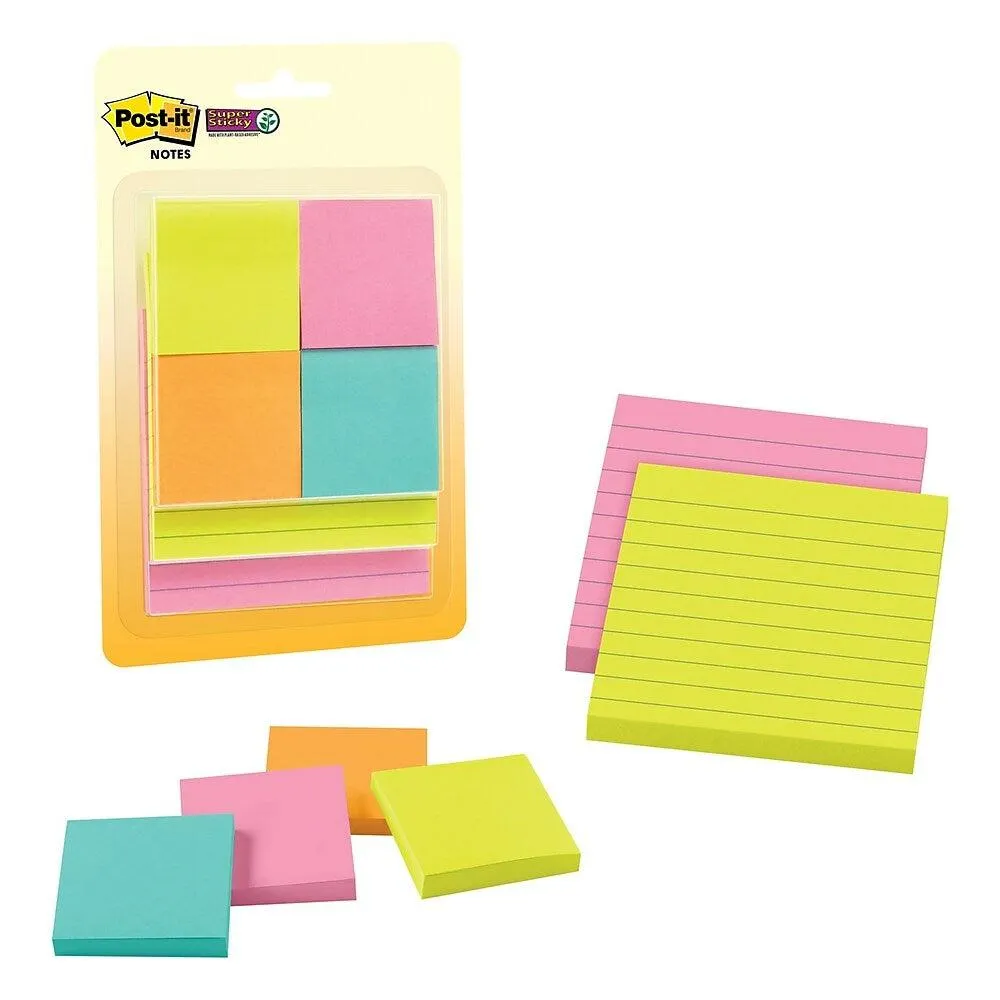 Post-it - Assortiment de feuillets super collants, collection Éclat de lumière, tailles assorties, paquet de 6