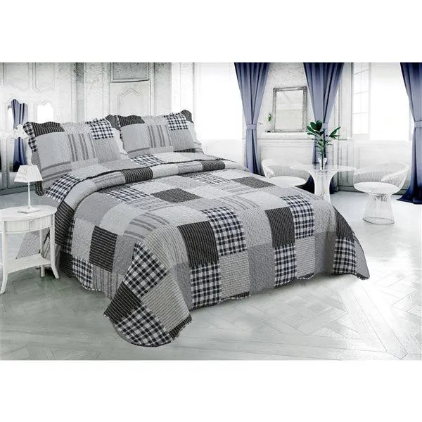 Ensemble de courtepointe à carreaux Marina Decoration gris, argent, bleu marine et noir pour très grand lit, 3 mcx