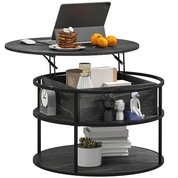 Table basse ronde à plateau relevable HOMCOM et tablette de rangement, gris