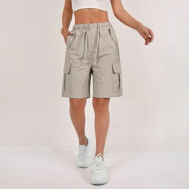 Cyglowse 2025 Cargo Shorts Women Bermuda Shorts Summer Quick Dry High Waisted Long Shorts Drawstring Knee Length Plus Size Ladies Hiking Shorts with Pockets Khaki XL 8" Inseam