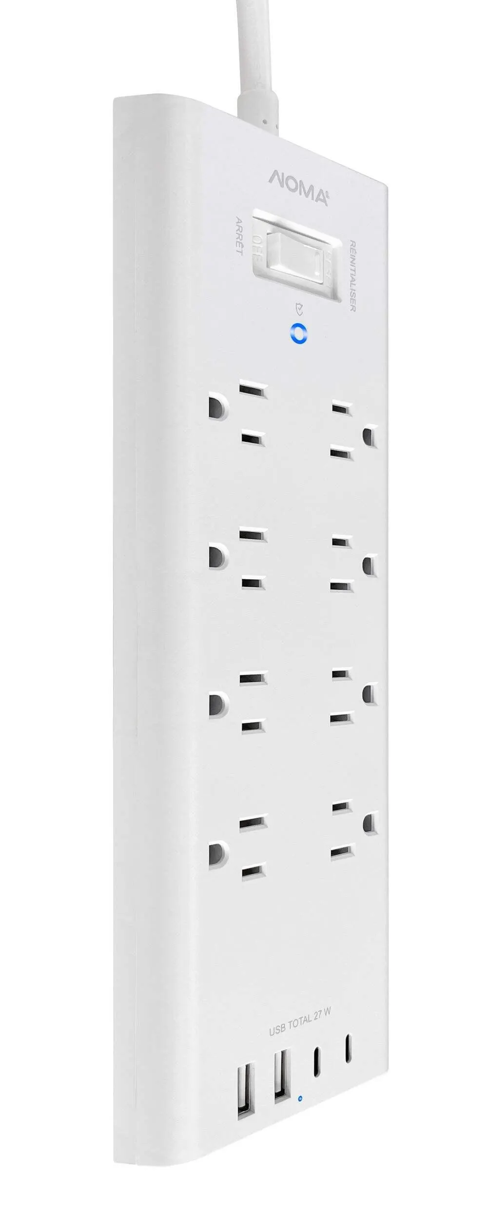 Barre d'alimentation à 8 prises espacées avec limiteur de surtension NOMA, 2 ports USB-A et 2 ports USB-C, cordon de 6 pi, prise plate à angle droit, blanc