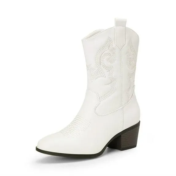 DREAM PAIRS Cowboy Boots for Women, Mid Calf Cowgirl Boots with Embroidery Round Toe Western Chunky Low Heel Shoes