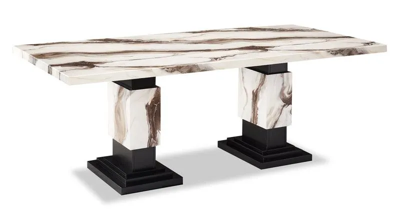 Table de salle à manger Vega de 82 po (L) avec imitation de marbre et base piédestal - noire et blanche