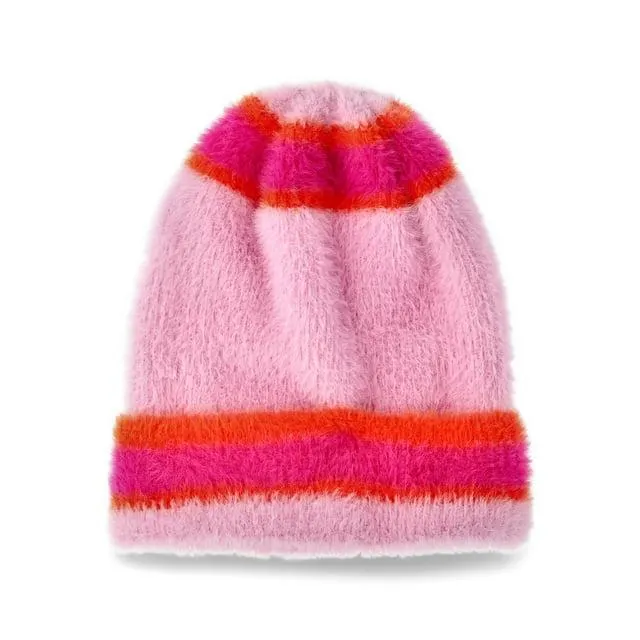 No Boundaries Women's Striped Cozy Winter Beanie, Pink