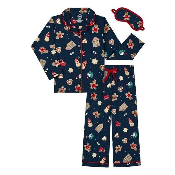 Wonder Nation Girls Long Sleeve Button Front Pajama Top and Pants Set with Eyemask, 3-Piece, Sizes 4-18