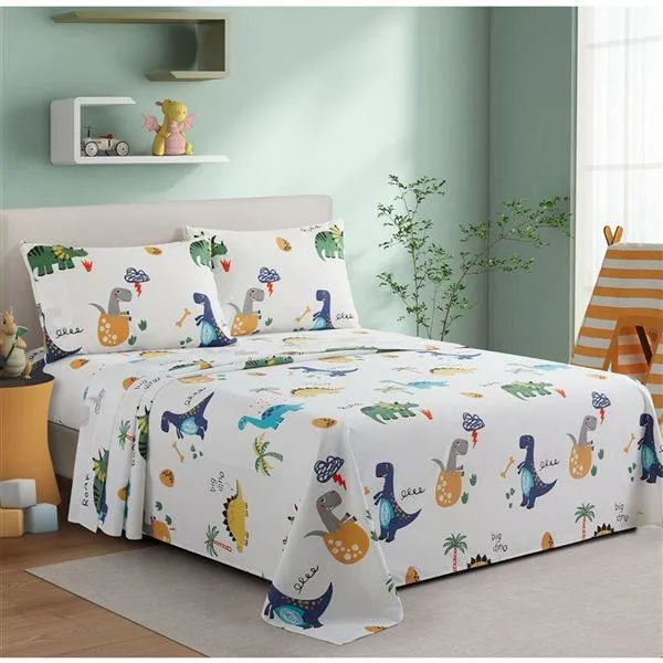 Ensemble de draps pour grand lit Marina Decoration coton/polyester 600 fils à motif dinosaures bleu/jaune/vert/gris