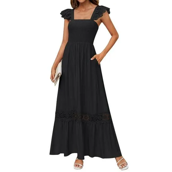 YOGAFOX Women Square Neck Lace Strap Ruffle Hollow Out Maxi Dress Black M