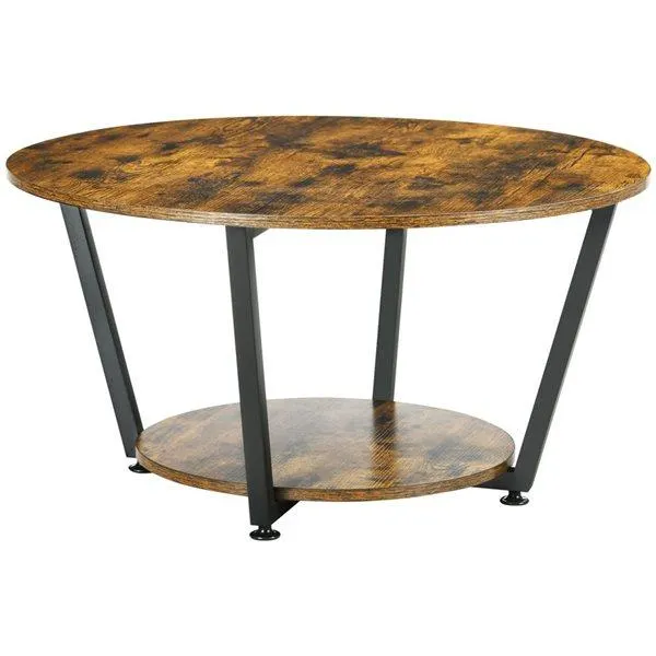 Table basse ronde industrielle avec tablette HOMCOM 31,5 po diamètre en panneau de particules brun rustique/métal noir