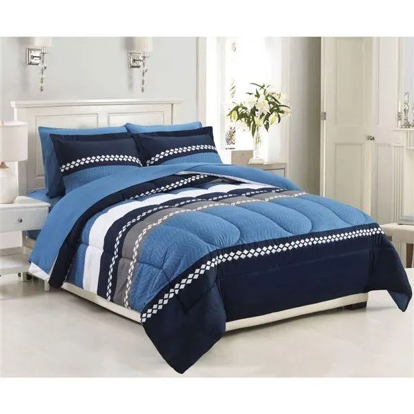 Ensemble douillette et draps 7 pièces par Marina Decoration motif géométrique et rayure bleu/marine/blanc, lit double