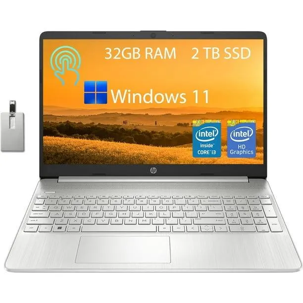 HP Ordinateur Portable à Écran Tactile 15,6 Pouces, Processeur Intel Core i3-1115G4 11e Génération, 32 Go RAM, 2 To PCIe SSD, Intel UHD Graphics, Webcam HD, Windows 11, Argent Naturel, Carte USB 32 Go Snowbell