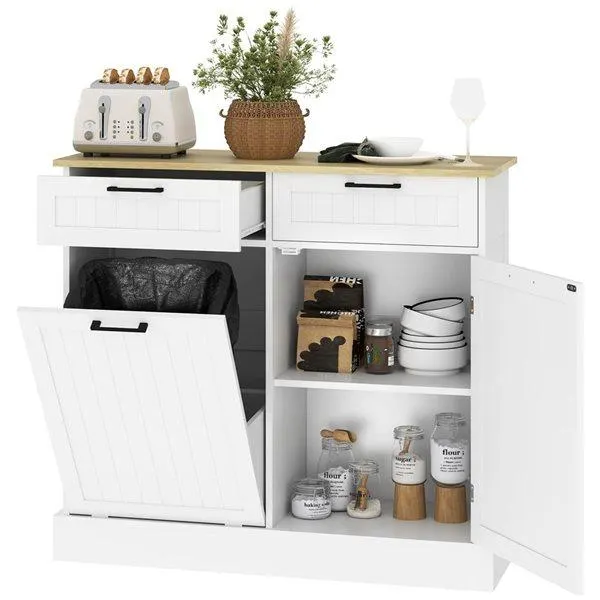 Ilôt de cuisine et armoire à poubelles inclinable HOMCOM 14 p. x 35 h. x 39 po l. en composite blanc avec tiroirs