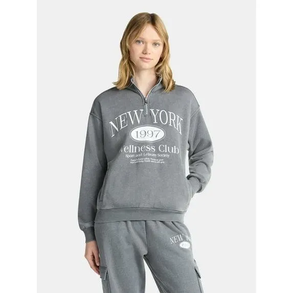 No Boundaries Mineral Wash Quarter Zip-Up Graphic Pullover Sweatshirt, Midweight, Women's