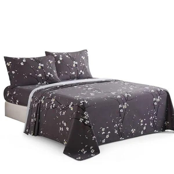Literie imprimée pour grand lit en mélange de coton Marina Decoration motif floral prunier gris