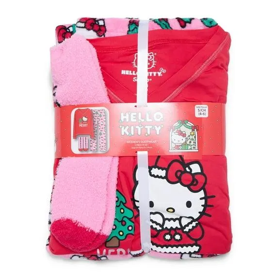 Hello Kitty Women's and Women’s Plus Christmas Top, Pants and Socks Sleep Gift Set, 3-Piece, Sizes XS-3X