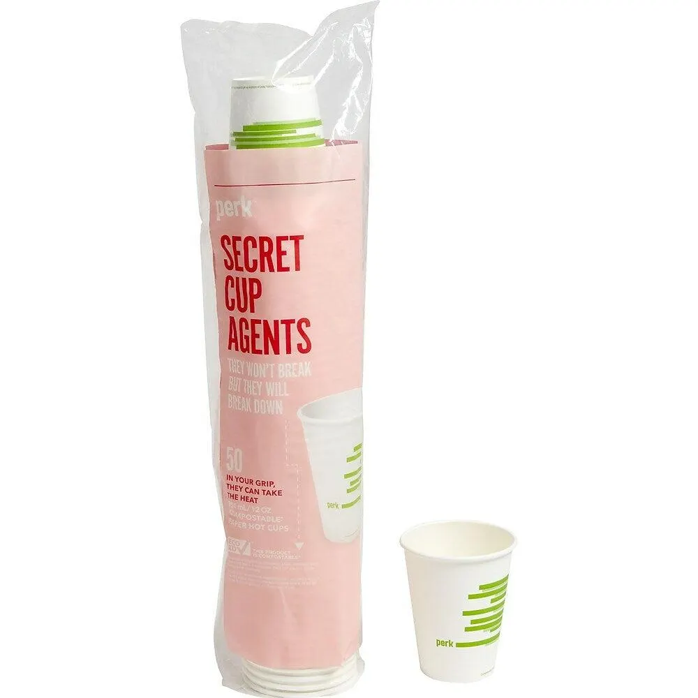 Gobelets compostables en carton pour boisson chaude de Perk – 12 oz – Blanc et vert – Paquet de 50