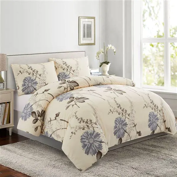 Ensemble de literie pour très grand lit 4 morceaux Marina Decoration blanc crème et bleu en bambou avec imprimé