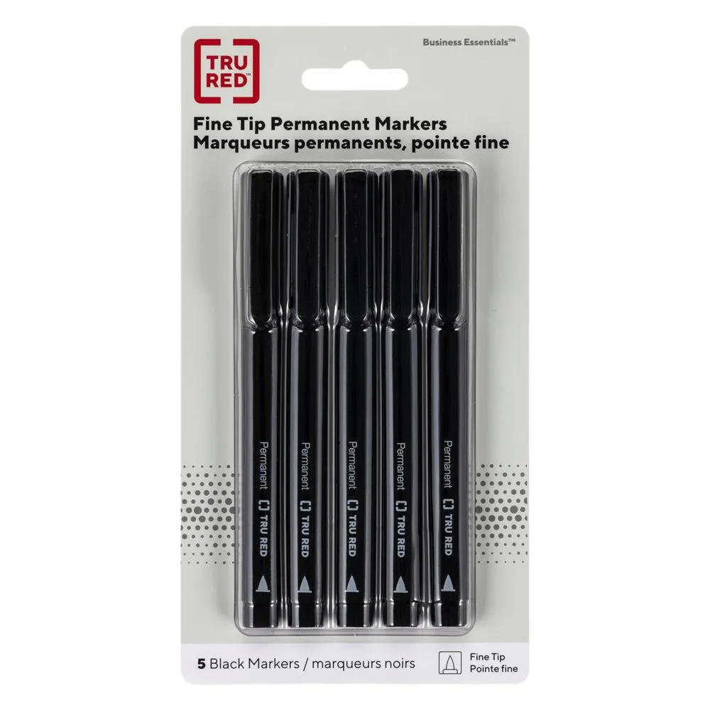TRU RED - Marqueurs permanents - Pointe Fine - Noir - Paquet de 5