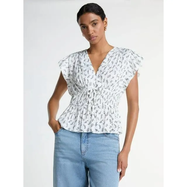 Scoop Women's V Neck Satin Top with Flutter Sleeves, Sizes XS-4X