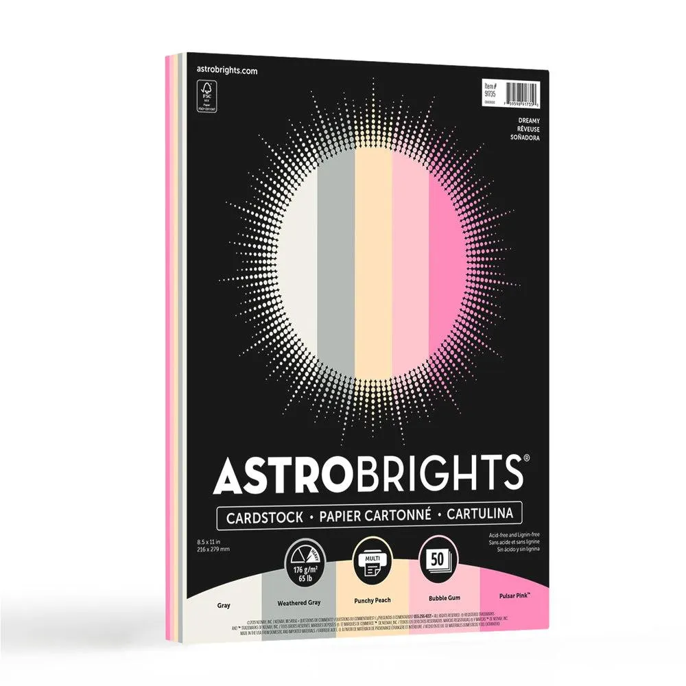 Astrobrights - Papier cartonne Pastel frappant, 8,5 po l x 11 po H, 65 lb, Dreamy, assortiment de 5 couleurs, 50 feuilles