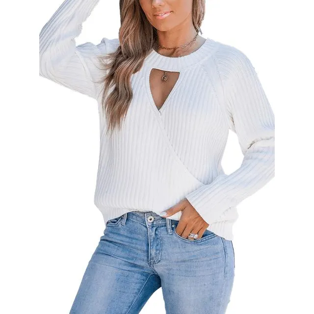 CUPSHE White Ribbed Knit Cutout Sweater