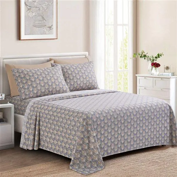 Ensemble de draps 6 pièces pour très grand lit Marina Decoration bambou/polyester gris et taupe à motif floral blanc