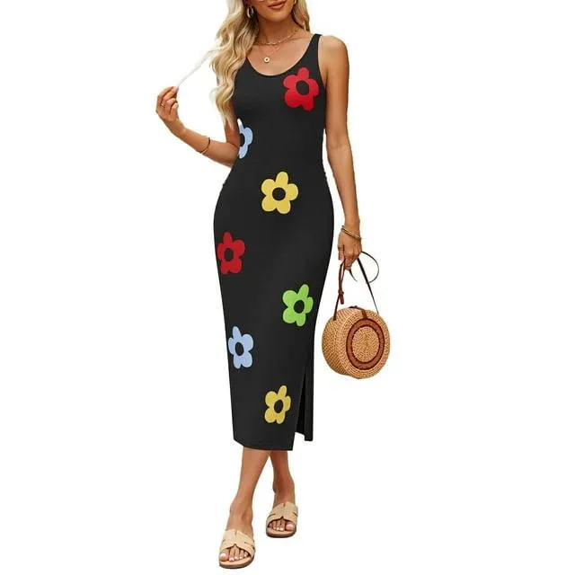 YOGAFOX Women Crewneck Floral Color Block Bodycon Knit Midi Dress Black L