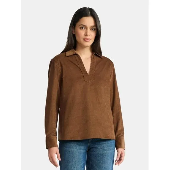 Time and Tru Women's Cotton Corduroy Popover Shirt with Long Sleeves, Sizes XS-XXXL