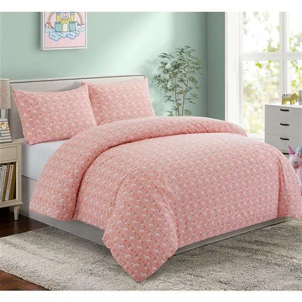 Ensemble housse de couette grand lit 3 morceaux Marina Decoration rose licornes en coton et attache de coin