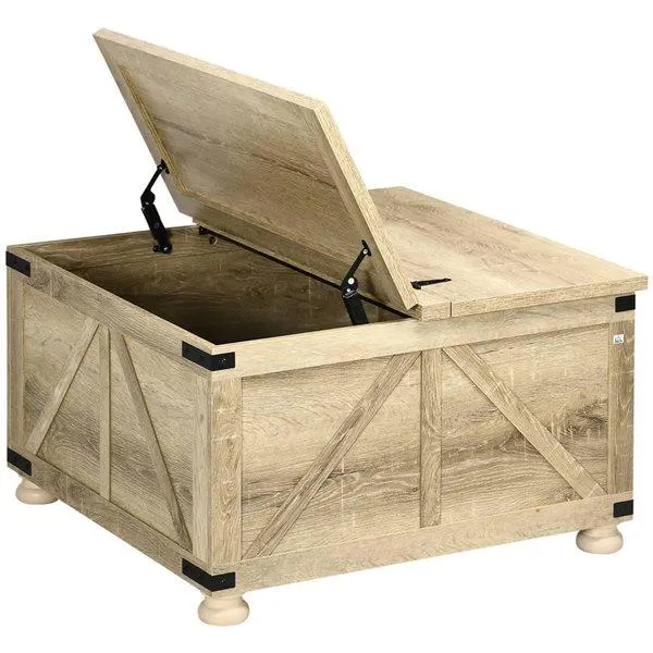 Table basse carrée par HOMCOM 31,5 x 18,5 po panneaux de particules chêne avec dessus relevable et rangement