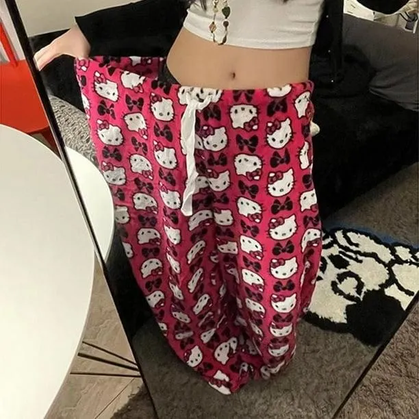 Sanrio Hello Kitty Pantalon Grand pour Femmes Mode Amérien Vintage Pantalon Traf Y2k Imprimé Dessin Animé Nouveau Esthétique Décontracté