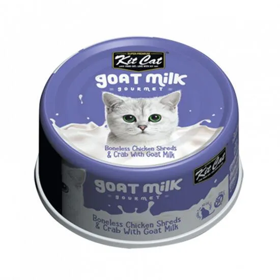 Repas gourmand au lait de chèvre, poulet et crabe pour chats