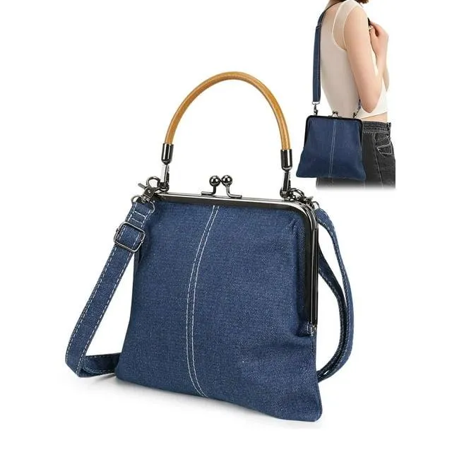 Gustave Women Denim Crossbody Handbag Purse Kiss Lock Vintage Clutch Evening Bag Top Handle Shoulder Satchel Bags, Navy Blue