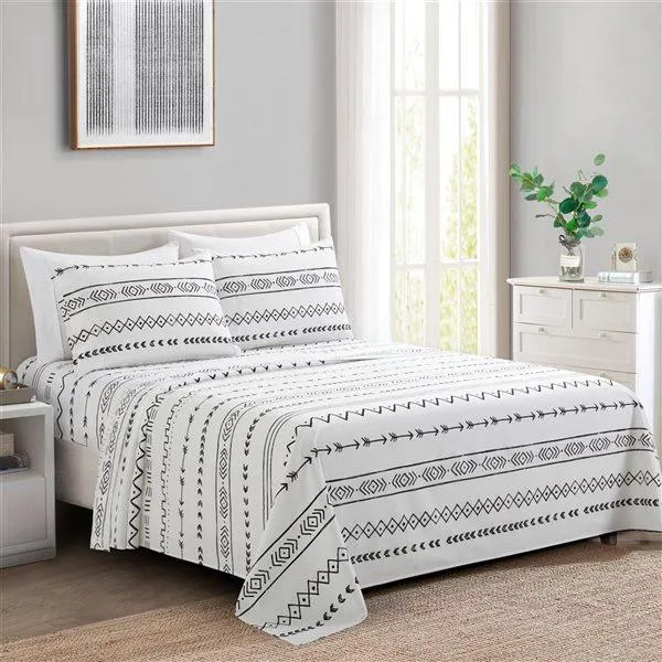 Ensemble de draps 6 pièces pour lit 2 places Marina Decoration bambou/polyester motif flèches géométriques noir/blanc