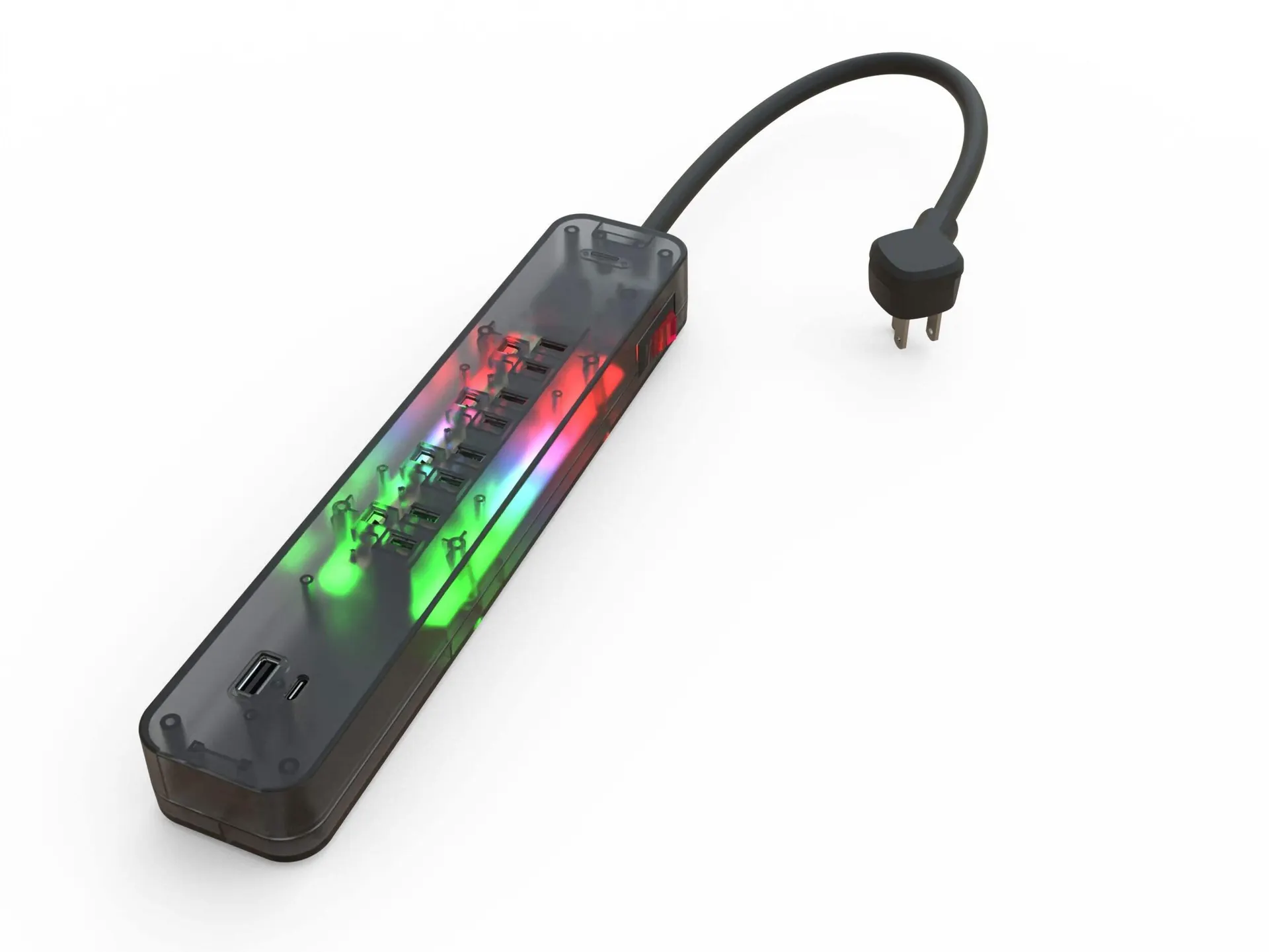 Barre d'alimentation USB de 15 W avec 4 prises Globe, 1 port USB-A et 1 port USB-C, cordon de 6 pi, transparent