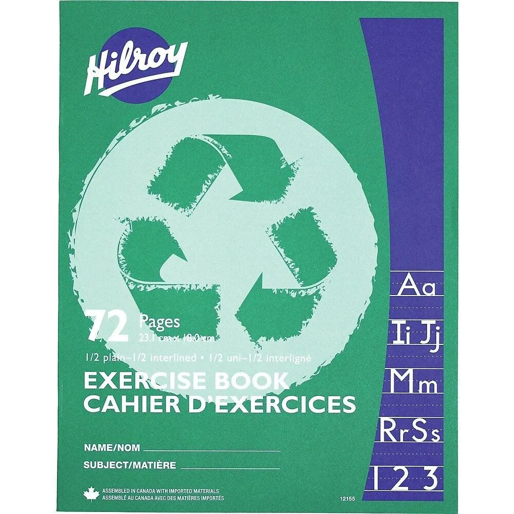 Hilroy - Cahier d'exercices, ordinaire 1/2, à interligne 1/2, 9 1/8 po x 7 1/8 po, 72 pages