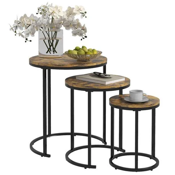 Tables d'appoint gigognes rondes industrielles par HOMCOM MDF brun rustique et métal noir, lot de 3