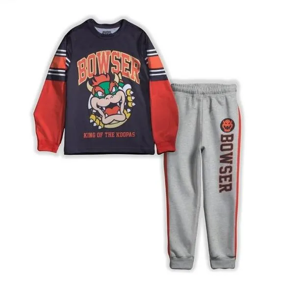 Nintendo Boys Super Mario 2-Piece Set – Long Sleeve T-Shirt & Joggers (Little & Big Boys), Bowser Design, Sizes 4–16