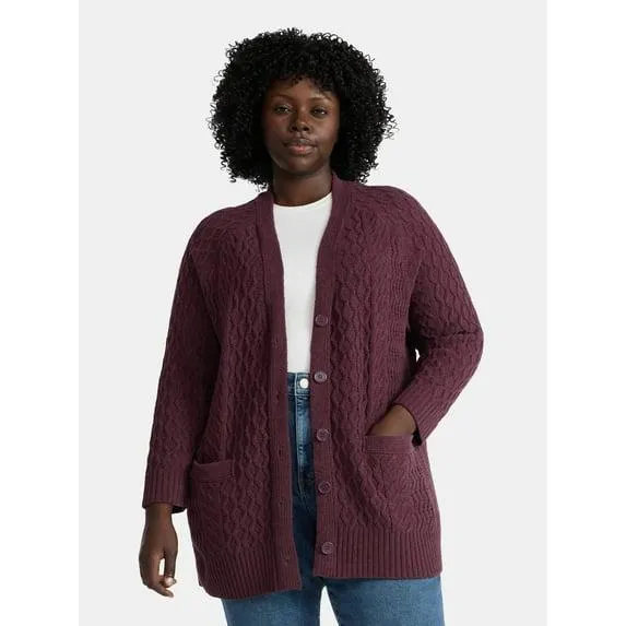 Terra & Sky Women’s Plus Chenille Boyfriend Cardigan Sweater, Midweight, Sizes 0X-4X