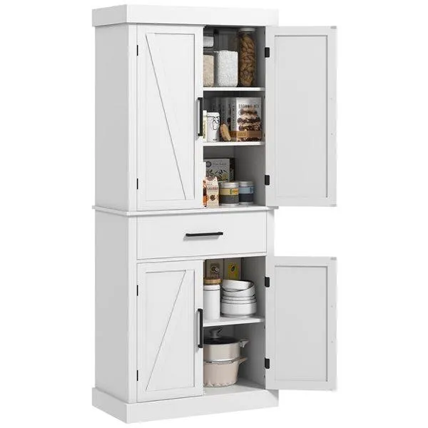 Garde-manger de cuisine HOMCOM blanc cadre en composite 72 po h. avec portes de grange et tiroir