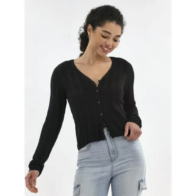 No Boundaries Textured Button Front Cardigan Sweater, Women's