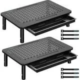SILOU Support de Moniteur 2 Pack avec Tiroir, Rehausseur de Moniteur PC Réglable en Hauteur pour Bureau avec Plateforme en Maille pour Ordinateur Portable, Ordinateur, Imprimante jusqu'à 20KG, Attaches de Câble Incluses