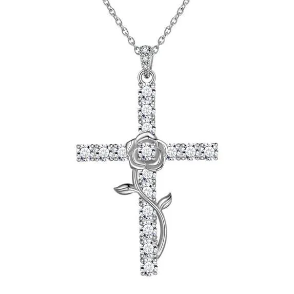 Jewmon 925 Sterling Silver Rose Cross Necklace for Women 5A Cubic Zirconia Rose Flower Pendant Chain Birthday Jewelry Gifts Ideas Mom Wife Girlfriend