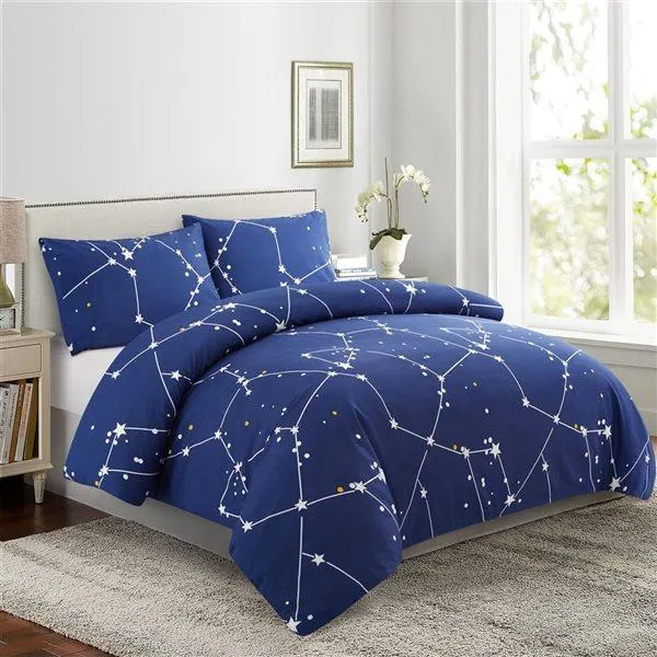 Ensemble de literie pour lit double 4 morceaux Marina Decoration bleu et blanc imprimé constellations en bambou