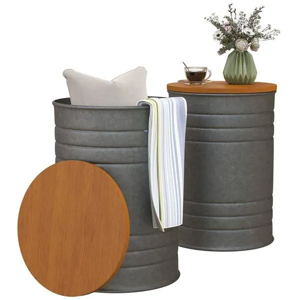 Tables d'appoint gigognes industrielles par HOMCOM métal gris avec plateaux en bois et rangement dissimulé, lot de 2