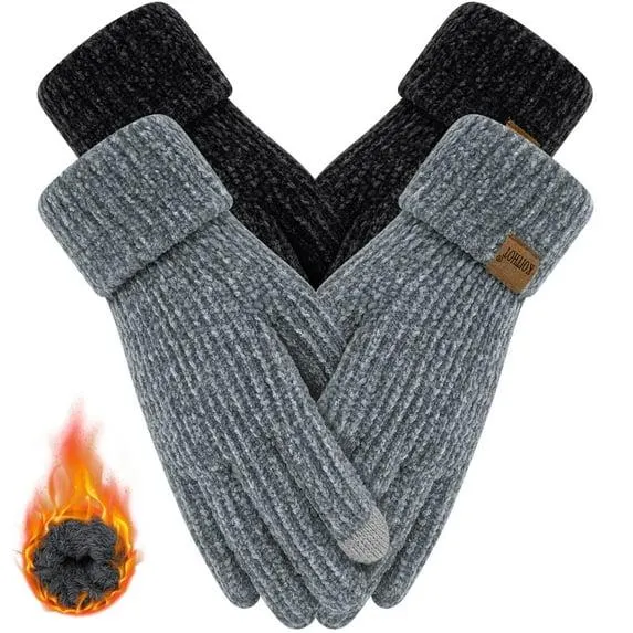 KOITHOT 2 Pairs Winter Gloves for Women Chenille, Winter Warm Thick Lined Touchscreen Fingers Weather Gloves