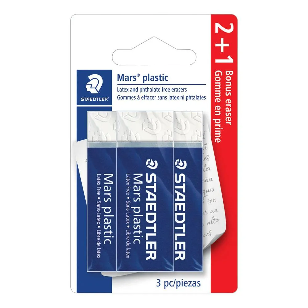 Staedtler Mars - Plastic Premium Gomme - Blanc - 2 + 1 Pack bonus