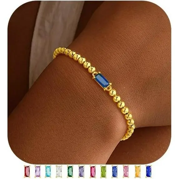 Turandoss September Birthstone Bracelet for Women - Dainty Sapphire Blue Birthstone 14K-Gold-Plated Elastic Bead Bracelets Trendy Friendship Jewelry Gifts for Women