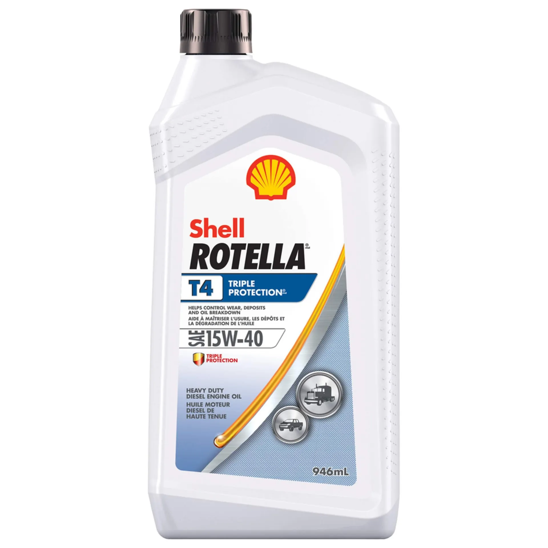 Huile à moteur diesel classique service intense Shell Rotella T4 Triple Protection, 15W40, 946 mL
